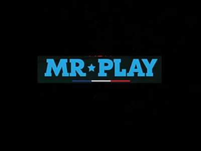 Logótipo com texto MR PLAY em azul sobre fundo preto