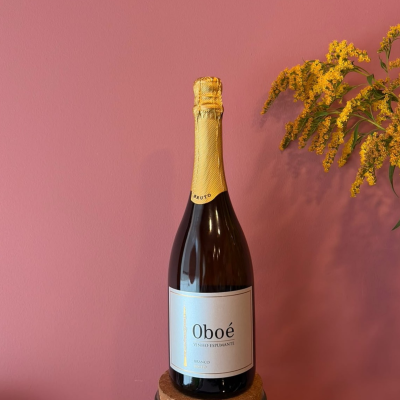 Garrafa de vinho espumante Oboé com tampa dourada diante de parede rosa e flores amarelas