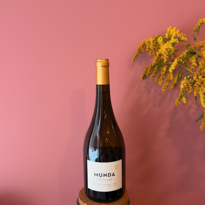 Garrafa de vinho Munda Encruzado com rótulo branco e tampa dourada, flores amarelas ao lado e fundo rosa.