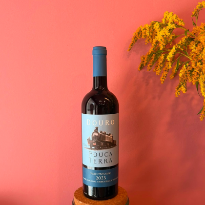 garrafa vinho tinto com rótulo azul e comboio sobre fundo rosa com flores amarelas