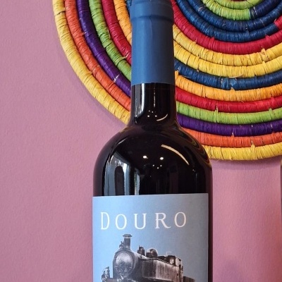 Garrafa de vinho tinto Douro Pouca Terra 2023 com rótulo azul e fundo rosa com mandala colorida