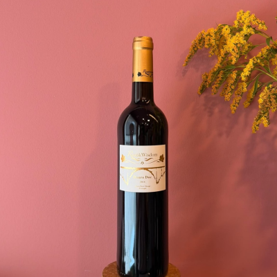 Garrafa de vinho tinto com rótulo branco e dourado, flores amarelas e parede rosa