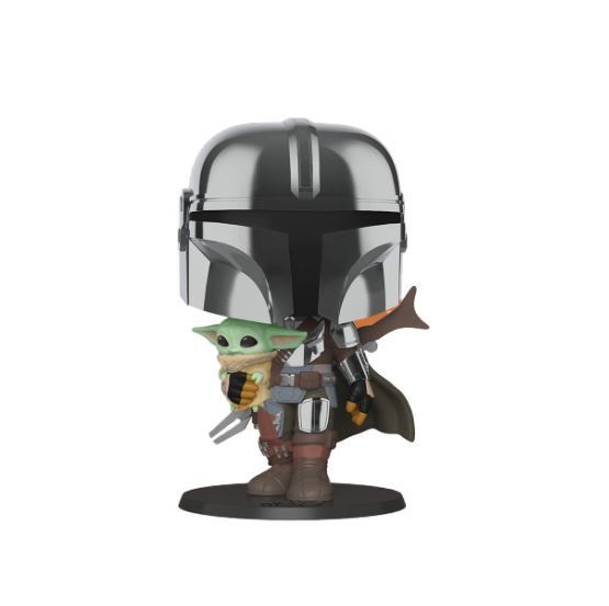 Figura Funko Pop do Mandaloriano com Baby Yoda em base preta