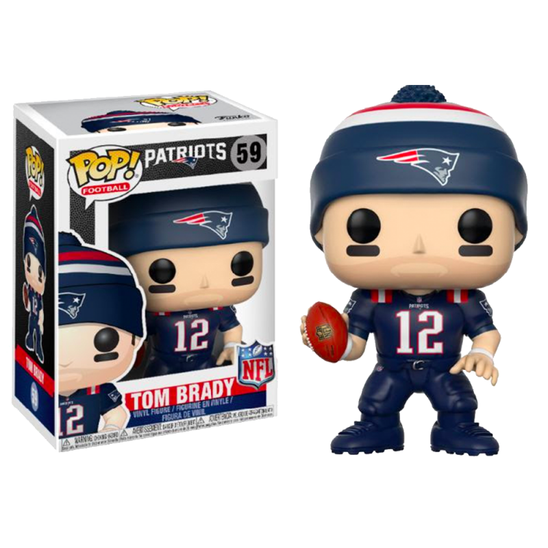 Funko Pop! de Tom Brady com touca e camisola azul dos Patriots segurando bola, junto à caixa