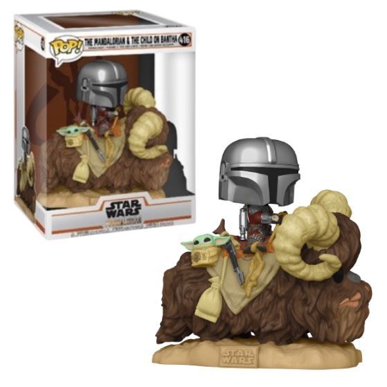Figura Funko Pop Star Wars The Mandalorian e Baby Yoda em Bantha com embalagem
