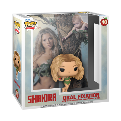 Boneca Funko Pop! da Shakira com roupa verde e maçã vermelha em embalagem