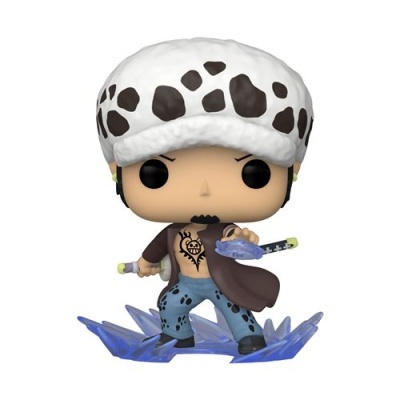Figura Funko Pop com chapéu branco de manchas pretas e base azul translúcida