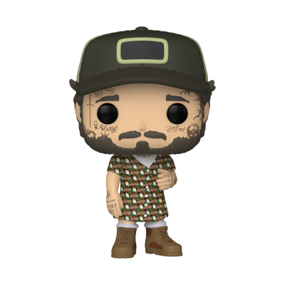 Figura de vinil estilo Funko Pop com boné verde escuro, camisa padrão colorido, calças brancas e botas castanhas