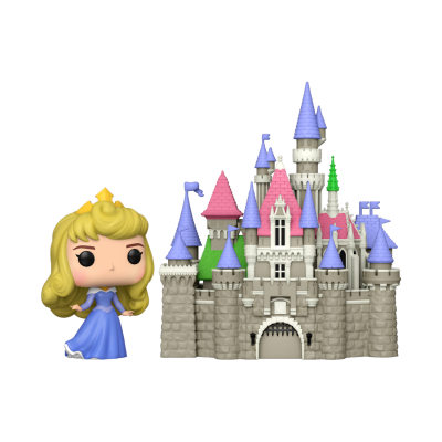 Boneco Funko POP da Princesa Aurora junto a um castelo colorido de brinquedo