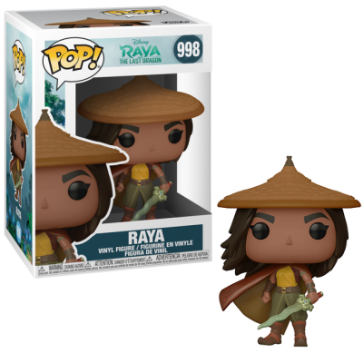 Figura Pop! RAYA da Disney com chapéu cónico e espada, dentro e fora da caixa.