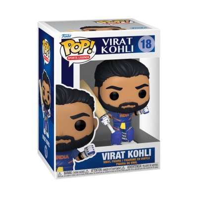 Figura Pop! de Vinil Virat Kohli com uniforme azul da Índia na caixa.