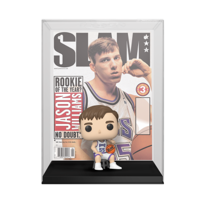 Boneco Funko Pop de Jason Williams em uniforme de basquetebol com revista SLAM ao fundo
