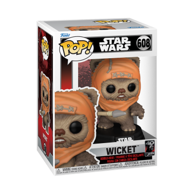 Boneco Funko Pop! Wicket de Star Wars com capuz laranja na embalagem