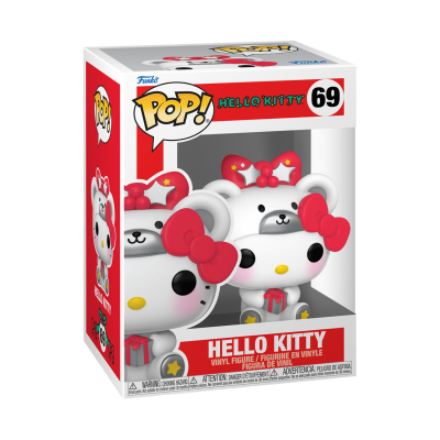 Figura Funko Pop! Hello Kitty com roupa de urso e laço vermelho na caixa