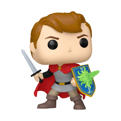 Figura Funko Pop de personagem medieval com capa vermelha, espada e escudo azul.