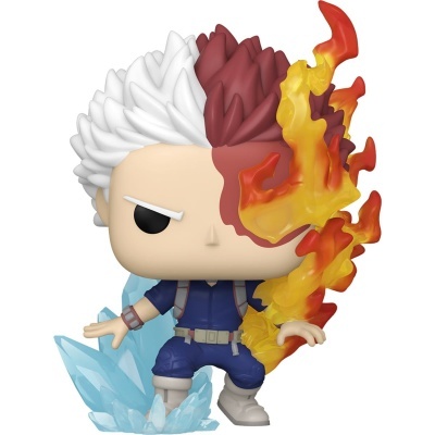 Figura de vinil de personagem com cabelo branco e castanho, chamas e cristais azuis