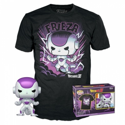 Camisola preta com personagem Funko Pop roxo e branco FRIEZA Dragon Ball Z com figura colecionável e caixa