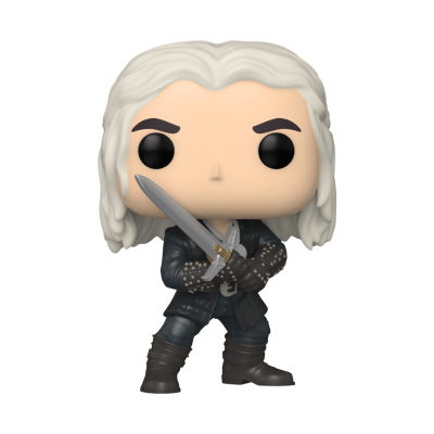 Figura Funko Pop de personagem com cabelo branco e roupa preta, segurando espadas