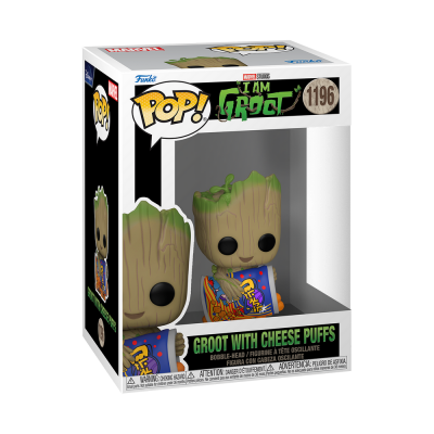 Figura Funko Pop! de Groot com queijo puffs na embalagem