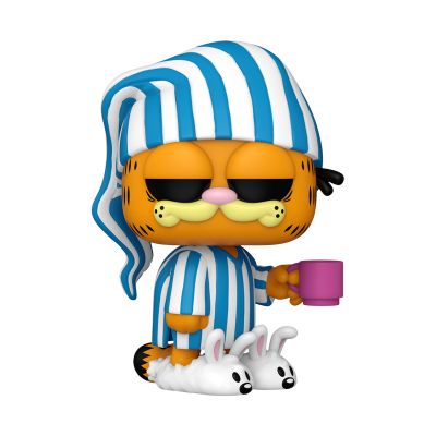 Funko Pop de gato em pijama azul às riscas com chinelos de coelho e caneca rosa