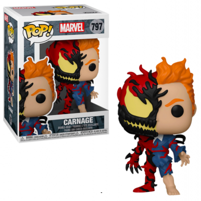 Funko Pop! Marvel Carnage número 797 em vinil com metade do rosto de simbioide e cabelo laranja dentro de caixa.