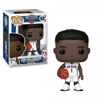 Boneco Funko Pop do Zion Williamson em uniforme branco dos New Orleans Pelicans segurando bola de basquete ao lado da sua caixa