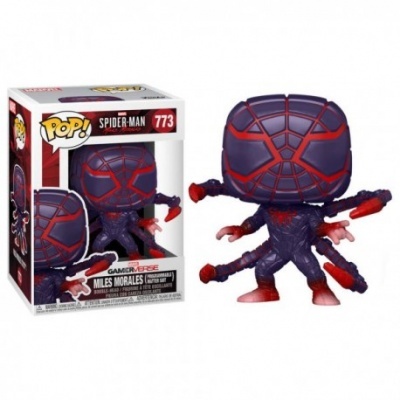 Figura Funko Pop do Miles Morales de Spider-Man com detalhes roxos e vermelhos e embalagem visível