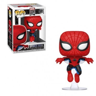 Figura Funko Pop do Spider-Man com máscara vermelha e base transparente ao lado da sua embalagem.