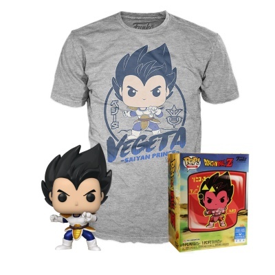 Camiseta cinzenta com personagem Vegeta e figura Funko Pop Dragon Ball Z