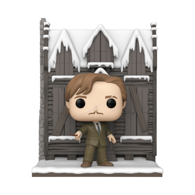 Funko Pop de personagem masculino com fato castanho em cenário de casa de madeira com neve.