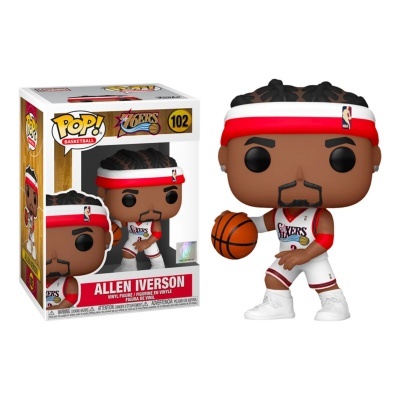 Funko Pop Allen Iverson com uniforme dos 76ers segurando bola de basquete