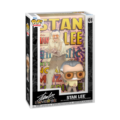 Figura Funko Pop! Stan Lee na caixa com detalhes e texto