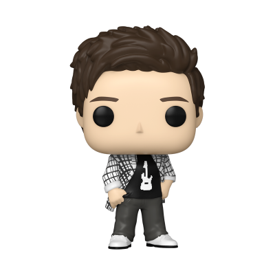Figura POP Funko de vinil com camisa quadriculada e t-shirt preta com guitarra