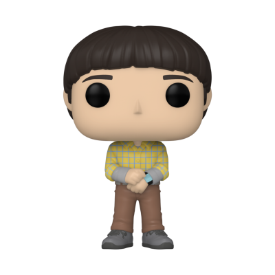 Figura Funko Pop com camisa amarela quadriculada e calças castanhas