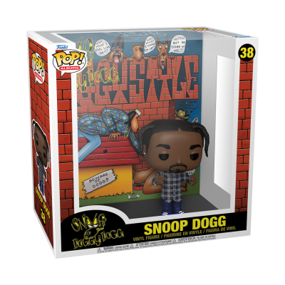 Figura Funko Pop! Snoop Dogg vestindo camisa xadrez azul em caixa com tema de tijolos vermelhos.