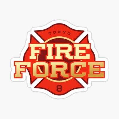 Adesivo com logo FIRE FORCE vermelho e amarelo com texto TOKYO e número 8