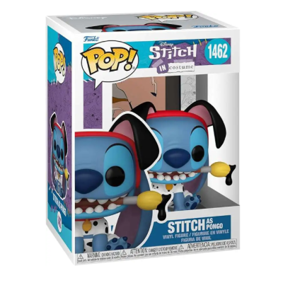 Figura Funko Pop Stitch azul em caixa transparente com fundo azul e roxo