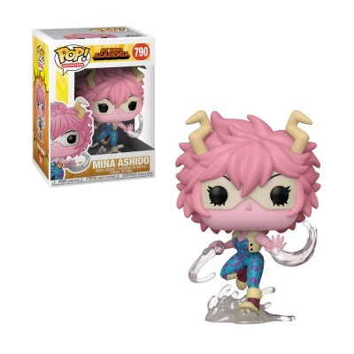 Funko Pop! de Mina Ashido com cabelo rosa e roupa colorida ao lado da caixa original