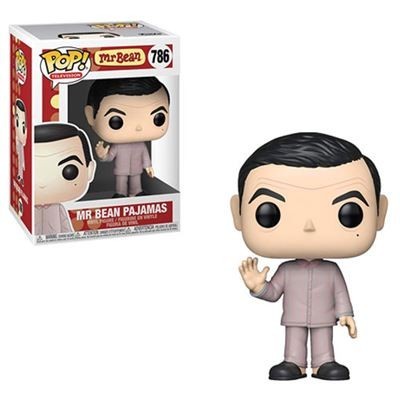 Figura Funko Pop! do Mr Bean de pijama com caixa ao fundo