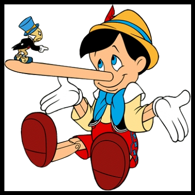 Desenho do Pinóquio sentado com nariz comprido e marioneta no nariz