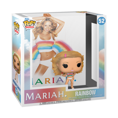 Funko Pop! Mariah Carey Rainbow número 52 com figura de vinil e imagem da cantora com arco-íris ao fundo