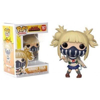 Funko Pop Himiko Toga com máscara preta e roupas azuis ao lado da caixa