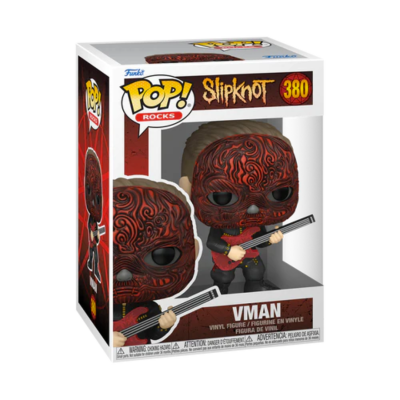 Figura Funko Pop! Rocks de Slipknot Vman com rosto vermelho e preto segurando guitarra, em caixa branca e vermelha.