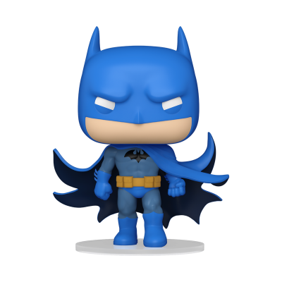 Figura Funko Pop do Batman com máscara e capa azuis, fato cinzento e cinto amarelo