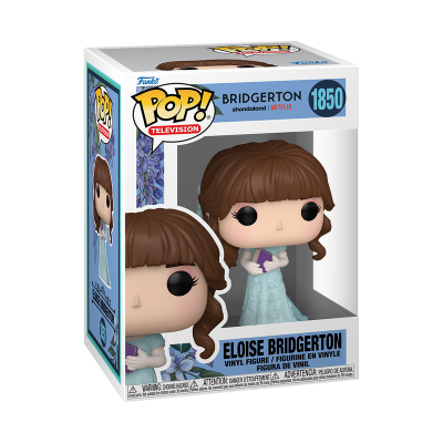 Figura Funko Pop! Eloise Bridgerton com vestido azul e cabelo castanho em caixa da série Bridgerton