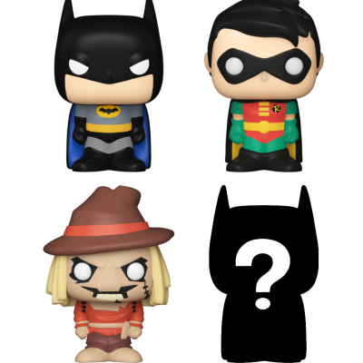 Figuras estilo Pop de Batman, Robin e personagem assustador no fundo branco