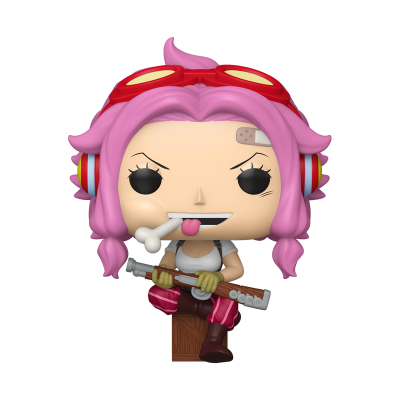 Figura colecionável Funko Pop com cabelo cor-de-rosa e atiradeira em pose sentada.