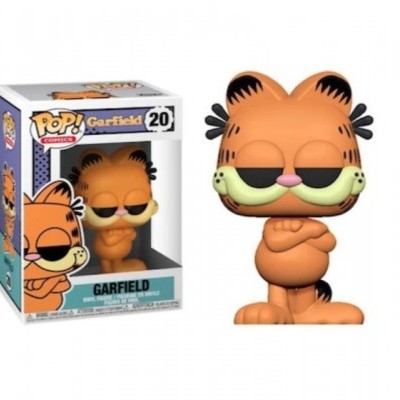 Figura Funko Pop de Garfield em vinil laranja com riscas pretas e embalagem com texto.