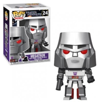 Boneco Funko Pop! Megatron Transformers prateado com olhos vermelhos ao lado da caixa