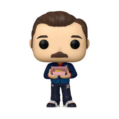 Figura Funko Pop de homem com fato de treino azul e caixa cor-de-rosa